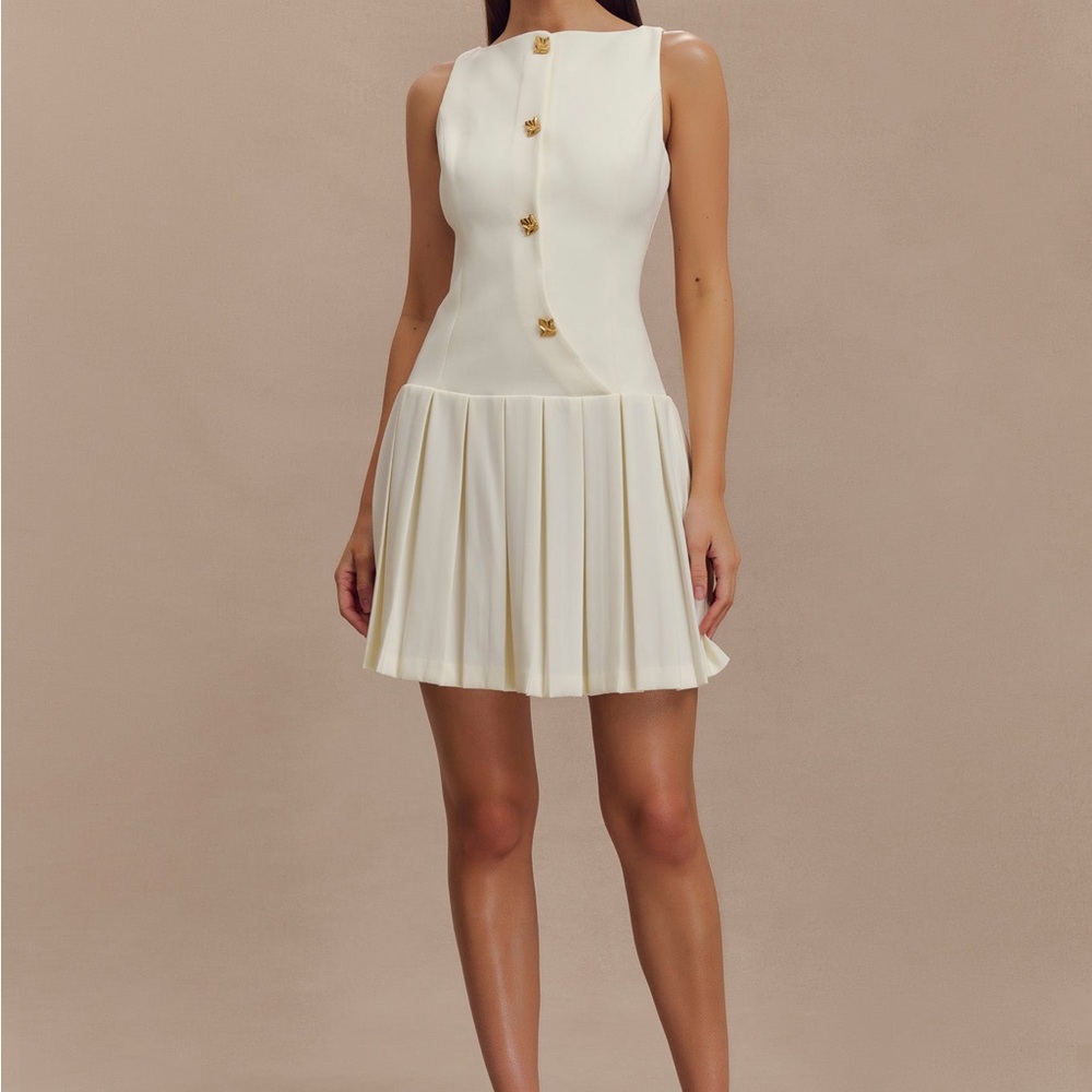 Meshki Cream Pleated Mini Dress with Gold Buttons